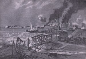 Destruction of a shipyard in Bari, Italy by Austro-Hungarian torpedo destroyers, from The Illustrated History of the World War 1914-1915 by A. Kircher