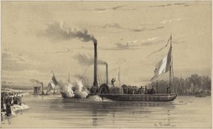 People on the Shore Waving Off a Steamship by A Provost