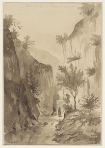 River Between Vegetated Rocks; Road on the Right by A. Regnier