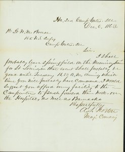 Letter signed A.S. Norton, Major Commanding, Head Quarters, Camp Yates, Ill., to 1st Lieutenant W.M. Breese, 16th U. S. Infantry, Camp Gates, Ill., December 6, 1863 by A. S. Norton