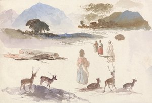 Sheet of Studies of Deer, Figures and Landscape