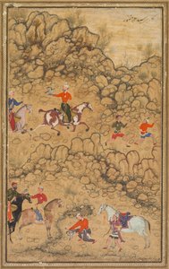 Hunting with falcons in a landscape, Verso: Calligraphy of Chaghatai Turkish poems by Abd al Samad