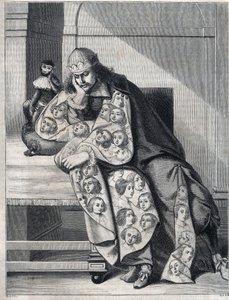 The man stuffed with malice: a man with a double coat of heads of women meditates with a monkey at his side. Reproduction of a print by Abraham Bosse by Abraham (after) Bosse