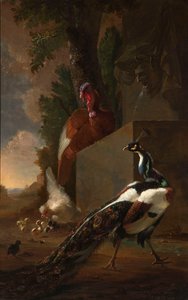 A Peacock, Turkey, and Chicken with her Chicks beside a Classical Fountain in a Landscape by Abraham Bisschop