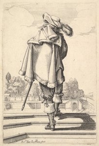 A Gentleman, Seen from Behind, Walking up a Parapet, with a Cloak over His Left Shoulder