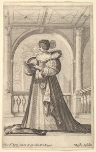 A woman standing, facing the left in profile, wearing a hat and a lace collar, ca. 1629 by Abraham Bosse