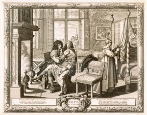 Husband with Wife Seated on Knee by Fireplace, Bosse, Abraham