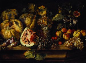Still Life of Watermelon, Grapes, Plums, Peaches, Cherries and other Fruit on a Ledge