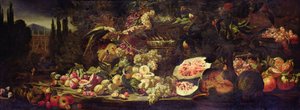 Still life of fruit with a green parrot and a silver vase