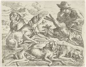 Four Dogs, a Hunter, and a Hare by Abraham Danielsz. Hondius