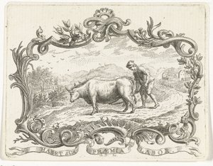 Farmer Plowing a Field with Two Oxen, in Cartouche by Abraham Delfos