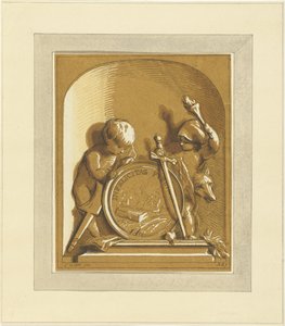 Putti Standing by Medallion with Tomb, in Niche
