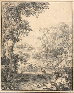 River Landscape with Two Figures in Foreground, Castle in Distance