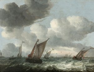 Fishing boats off the coast in a choppy sea by Abraham Hendricksz van Beyeren