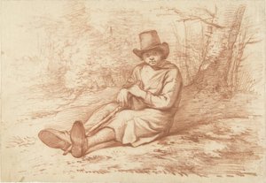 Seated Boy with Hat and Stick by a Tree