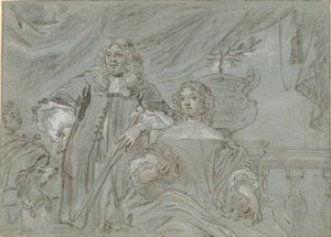 Group of a Seated Lady and a Standing Gentleman, Half Figures. In the Background a Black African and a Dog, to the Right a Balustrade
