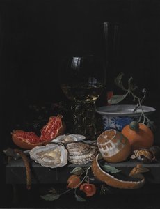 Oysters, Fruit and a Wineglass on a Stone Table