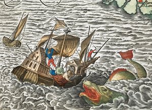 A Ship Being Attacked by a Sea Monster from Typus Orbis Terrarum, by Abraham Ortelius by Abraham Ortelius