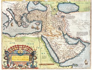 Croatia, Romania, Bosnia and Herzegovina, Serbia, Bulgaria, Montenegro, Kosovo, Albania, Macedonia, Greece, Turkey, south Russia, Georgia, Azerbaijan, Armenia, Iran, Iraq, Syria, Lebanon, Israel, Jordan, Saudi Arabia, Kuwait, Qatar, Bahrain, United Arab Em by Abraham Ortelius