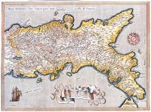 South Lazio, south Marche, Abruzzo, Molise, Campania, Apulia, Basilicata, Calabria, Italy by Abraham Ortelius