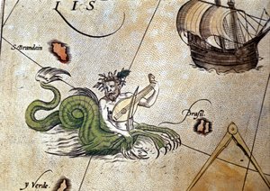Triton playing lute near the island of Saint Brendan (Brandan). “Theatrum Orbis Terrarum” by Abraham Ortelius, Antwerp 1584