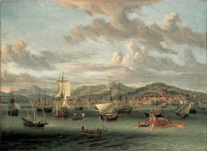 Dutch Shipping off the Bay of Smyrna with a State Barge by Abraham Storck