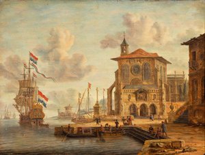 Harbour scene with medieval building