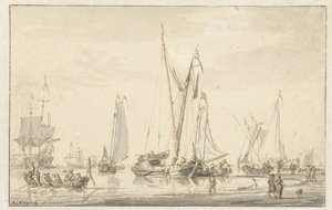Beach Scene with Moored Ships by Abraham Storck