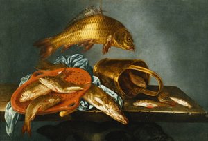 A Pike, Carp, Tench and Roach with a Sieve and a Brass Bucket on a Ledge