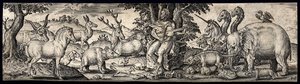 Orpheus Sitting on a Stone Holding a String Instrument and Charming the Animals with Music. Engraving by A. de Bruyn. by Abraham de Bruyn