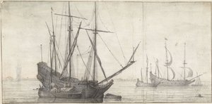 Sailing Ships on Calm Water by the Coast by Abraham de Verwer (possibly)