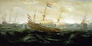 A Dutch ship sailing on a very turbulent sea