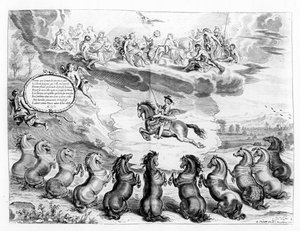 The Marquess of Newcastle riding on Pegasus before an assembly of the Greek Gods and receiving the salutes of earthly horses, illustration from a Riding Manual by the Marquess of Newcastle