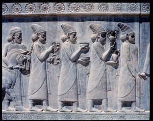 View of the reliefs of eastern stairs: Assyrian ambassadors bringing offers and presents by Achaemenid