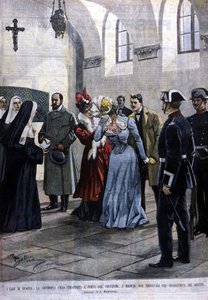 In Madrid, a young woman, Mademoiselle Ubao, is taken from the life of a nun in a convent where she was placed by the suggestion of the Jesuits. Illustration by Beltrame. La Domenica del corriere. 1901
