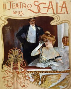 A couple places in a dressing room at the Teatro alla Scala. The young woman observes the scene with a pair of binoculars. Illustration by Achille Beltrame