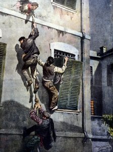 A daring escape of four inmates from Asti prison after breaking through the wall. Drawing by Beltrame