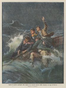 Agony of four castaways on the keel of a boat battered by the storm, on Lake Geneva