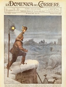 American explorer, Richard E Byrd, being joined by companions in Antarctic after being alone for five months, by Achille Beltrame, illustration, from La Domenica del Corriere, 26th August 1934