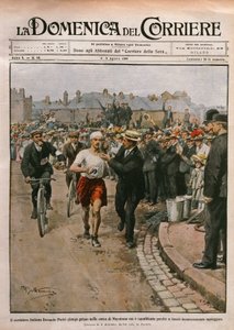 Arrival of Dorando Pietri in marathon, London Olympics, illustration by Achille Beltrame by Achille Beltrame