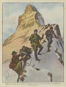 Daring Human Energy Test, Mountaineer Conquers the Summit of the Matterhorn with Two Guides in the Heart of Winter by Achille Beltrame