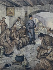Russian prisoners on hunger strike for the freedom of their fellow tubercular. Illustration by A. Beltrame, La Domenica of Corriere, June 19