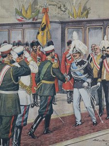 Victor Emmanuel III, King of Italy; Nicholas II, Tsar of Russia. The Tsar Receives King Victor Emmanuel III of Italy in Peterhof. A. Beltrame Illustration. La Domenica del Corriere by Achille Beltrame