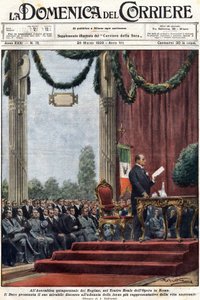 Benito Mussolini Delivering His Speech at the Teatro Reale of the Opera in Rome Before the Leaders of the Regime. Illustration by Achille Beltrame. 