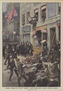 Moved and outraged by the end of the Lusitania, the people of London attack and devastate German properties by Achille Beltrame