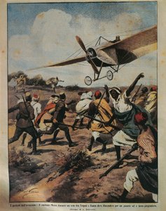 Cover illustration of Captain Moizo attempting a crash landing during the African Campaign, by Achille Beltrame, from La Domenica del Corriere, 22nd September 1912