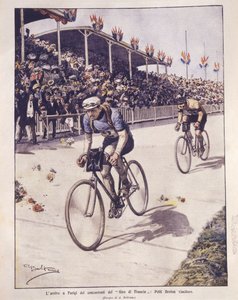 Cover illustration of Tour de France riders arrival, with Petit-Breton winner; Paris, France
