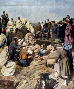 Discovery of a bust of Jupiter in Sabratha, Libya in 1925. illustration by Achille Beltrame by Achille Beltrame