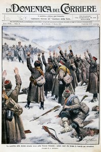 Defeat of tenth Russian army in East Prussia: Russian soldiers raising their arms in surrender, plate by Achille Beltrame from La Domenica del Corriere