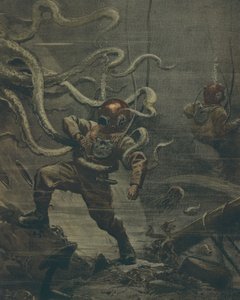 Diver being attacked by giant octopus during dive, by Achille Beltrame, illustration, from La Domenica del Corriere, 25th October 1908 by Achille Beltrame